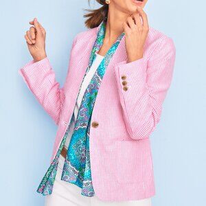 Talbots Womens 14W Pink & White Striped Blazer Linen Cotton Blend Anchor Buttons